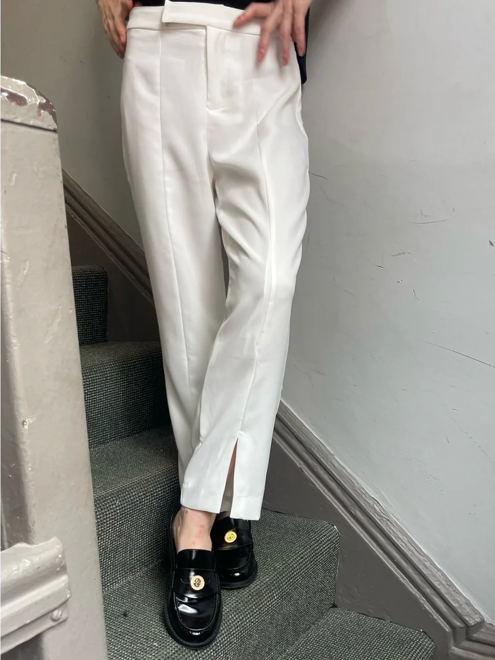 Cropped White Tailored Slit Hem Trousers